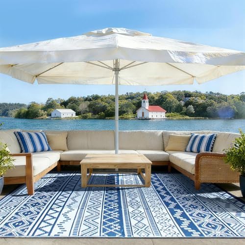 Outdoor Rug 6 x9 ft, Plastic Rug for Patio, Navy & White by OutdoorFurnitureCushion