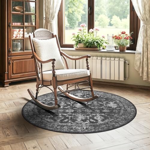 3ft Round Washable Office Rug Non-Slip Vintage Black Throw Carpet - Image 4