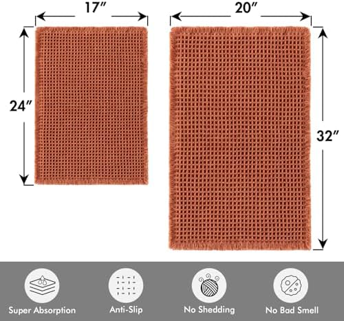 MIULEE Fall Orange Set of 2 Waffle Bathroom Rugs Bath Mat 17"x24"+20"x32" - Image 2