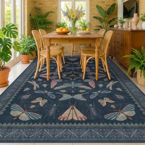 Washable 7x9 Large Area Rug for Living Room, Vintage Farmhouse Carpet for Bedroom & Dining Room Under Table, Dark Blue Boho Insect Moth Décor Rug - Image 3