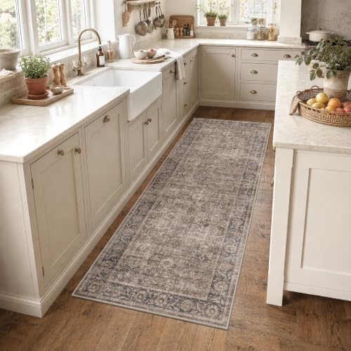 Washable 2.6x8 Kitchen Soft Runner Rug Retro Taupe Navy Throw Carpet - Image 3