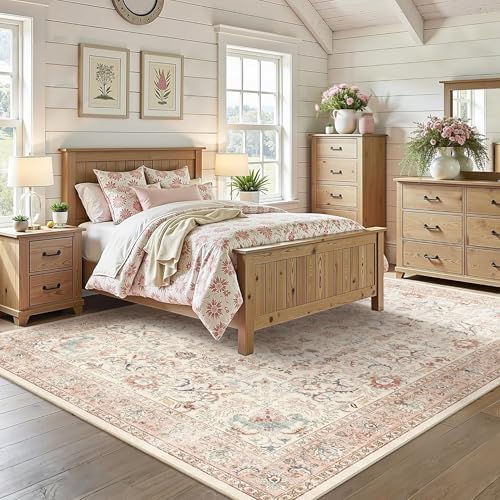 9x12 Washable Living Room Area Rug Non-Slip Vintage Pink Large Carpet - Image 2