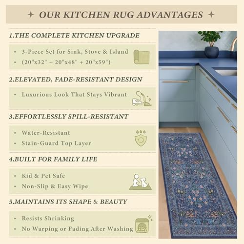 JTJ Kitchen Rugs Set of 3, Blue Vintage Kitchen Mats, Washable Runner - Image 6