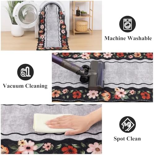 Vaukki Boho Kitchen Rug Sets of 3,Flower Black Washable Kitchen Floor Mat - Image 6