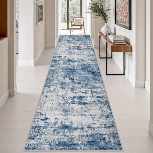 3x14 Washable Runner Rug：Modern Abstract Kitchen Soft Carpet Blue by FXRHLP