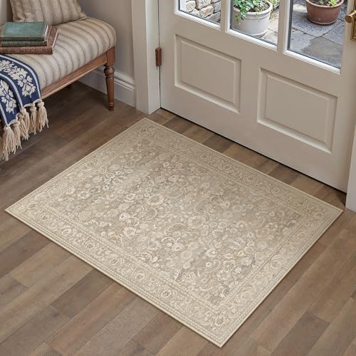 PureCozy Beige Area Rug 2x3 Entryway Vintage Floral Non-Slip Door Mat by PureCozy