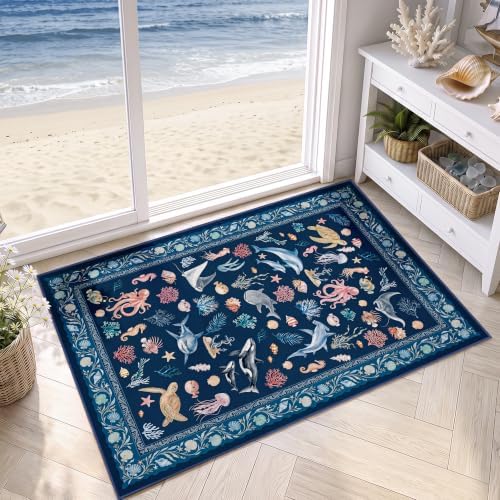Arenarug Coastal Ocean Rug 2x3 Washable Entryway Rug Door Mat, Deep Navy by ArenaRug