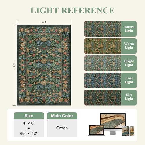 DUKINO 4x6 Rug for Living Room, Washable Vintage Floral Area Rug, Green - Image 3