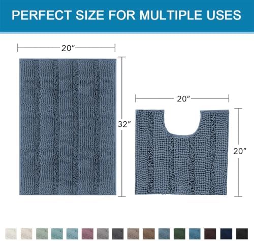 H.VERSAILTEX Bathroom Rug Sets 2 Piece Bath Mats Non Slip Thick Soft Chenille Striped Bath Rug achine Washable Shower Floor Rugs for Tub, Shower and Floor (Blue Indigo, 20"x32" Plus 20"x20" U) - Image 2