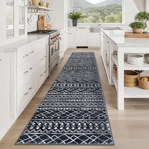 KUTA Hallway Runner Rug 2.6x12 Washable, Moroccan Vintage Black Boho - Image 3