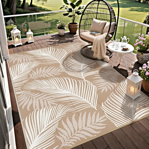 Pauwer Waterproof Outdoor Rug 5x8, Plastic Straw Patio Rug, Leaf Brown by Pauwer