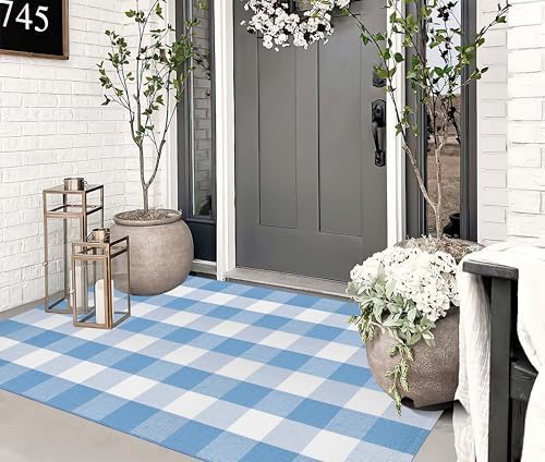 Washable 3'x5'Outdoor Rug, Light Blue White Buffalo Plaid Front Door Mat - Image 6
