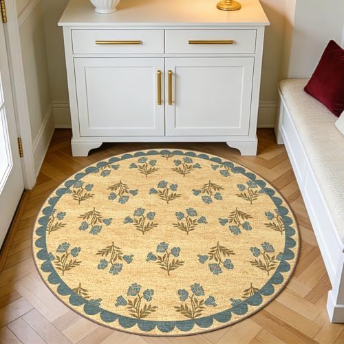 3ft Entryway Round Rug - 3x3 Small Blue Floral Circle Bathroom Rug by Othilic