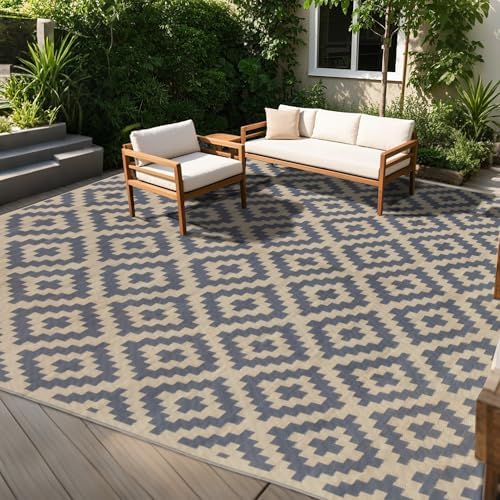 SAND MINE Reversible Mats, Plastic Straw Rug, Modern Area Rug, Large Floor Mat and Rug for Outdoors, RV, Patio, Backyard, Deck, Picnic, Beach, Trailer, Camping (10' x 14', Grey Tan Lattice) by SANDMIND
