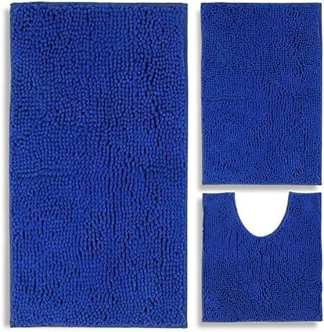 Bathroom Rugs Chenille 3-Piece Extra Soft and Absorbent Shag Bathroom Rugs, Machine Wash Mat, Strong PVC Non-Slip Underside, Plush Carpet Mats (Royal Blue) by BOANKODU