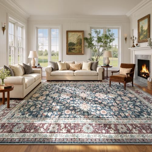 Lofus Washable Rugs for Living Room 9 x 12, Floral Navy Blue and Rust Red by Lofus