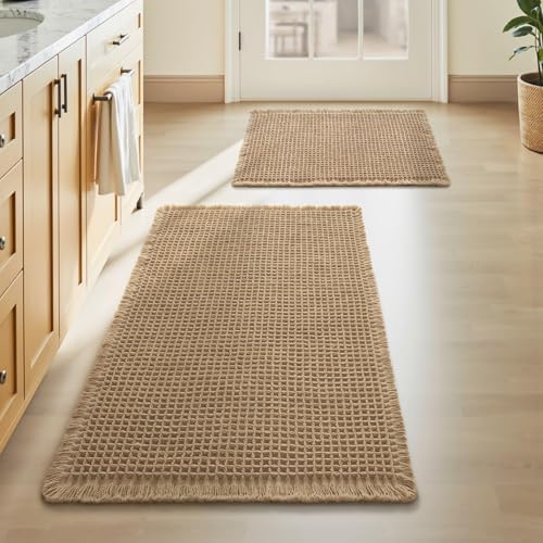 Upgraded Waffle Bath Mat Set of 2 Absorbent Bathroom Mat 17"x24" + 18"x30" by AMOAMI