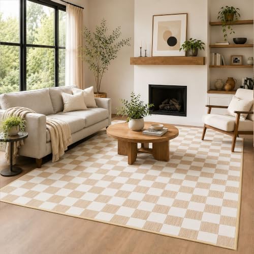 5x7 Checkered Area Rug for Living Room, Soft Low Pile Warm Taupe rugs by Unknown