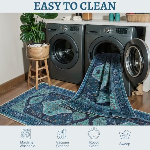 Tangsoo Vintage Teal 2x6 Washable Runner Rugs for Hallways, Non Slip Runner - Image 3