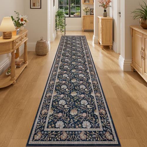DUKINO 2x10 Runner Rug for Hallway, Washable Vintage Floral Rug, Navy Blue - Image 5