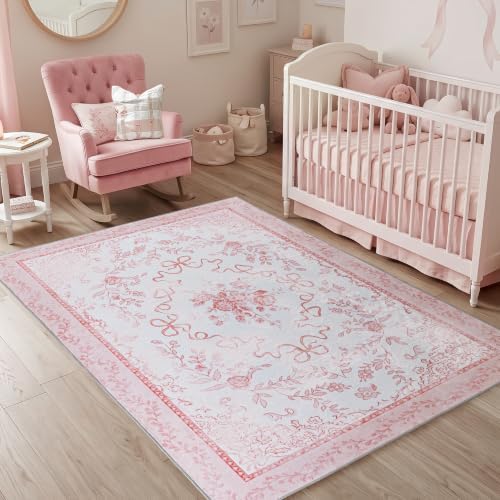 Pink Classroom Rug 4x6, Washable Small Pastel Floral Bow Area Rug for Girls Room Kids Bedroom Nursery - Image 4