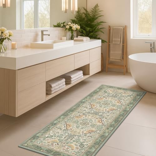 Sage Floral Kitchen Runners - 2x5 Runner Rug for Hallway Bathroom Laundry Room Bedroom Beside Bed Entryway, Boho Birds Leaves Patterned Non Slip Low Pile Washable Rugs by HazoHaus