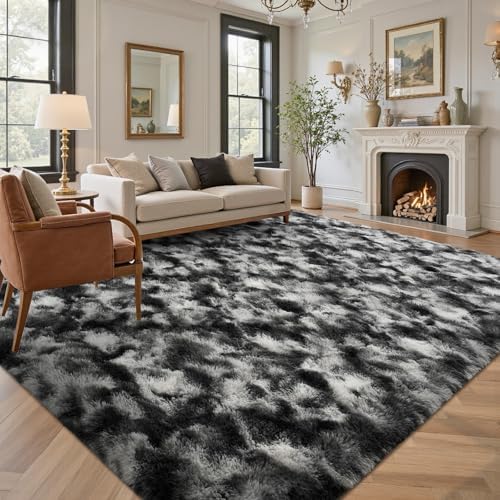 Area Rugs for Living Room 8x10Ft, Soft Fluffy Shagg Plush Bedroom Rug Non-Slip,Large Carpet for Nursery Kids Dorm Home Decor, Black by Lo%CC%80utiRootHome