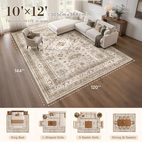 cotiled 10x12 Area Rug for Living Room, Washable, Traditional, Beige - Image 2