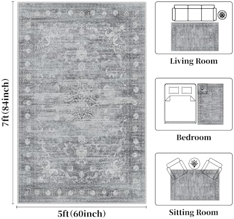 Washable Rugs 5x7 Gray,Non Slip Vintage Area Rug for Living Room - Image 2