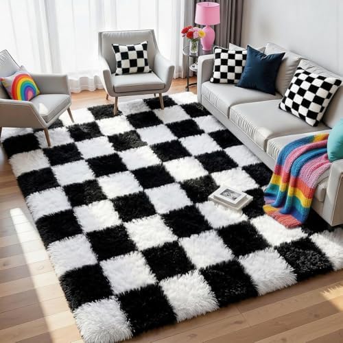 KICMOR Black and White 3x5 Rugs for Bedroom Bedside, Fluffy Soft Checkered Shag Area Rug Fuzzy Shaggy Small Living Room Carpet, Plush Throw Rug for Kids Boys Girls Dorm Nursery Home Decor Aesthetic by KICMOR