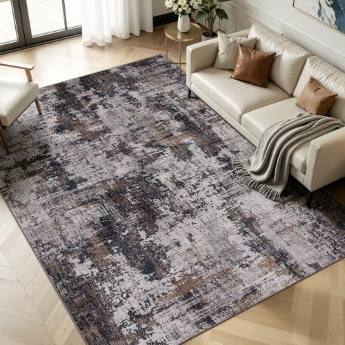 Sasttie 8x10 Washable Area Rug, Modern Abstract Large Rug, Black & Brown by SASTTIE