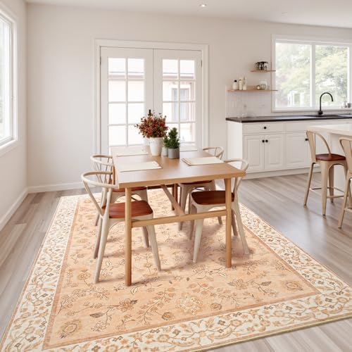 Goideal Peach Rug for Girls Room, 9x12 Floral Washable Area Rug Non Slip, Boho Low Pile Carpet with Rubber Backing for Bedroom Living Room Bathroom Playroom Nursery Office - Image 4