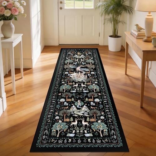 nesrt Fantasy Dragon Runner Rugs for Hallway Entryway 2x6ft Washable, Black Animal Print Kitchen Rug Runners Non Slip, Woodland Forest Floor Carpets for Kid Bedroom Bathroom Decor by nesrt