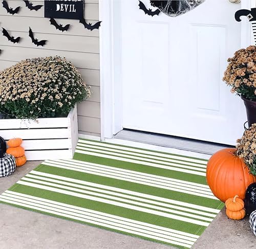 Green and White Striped Rug 24"x35"Cotton Door Mat Outdoor For Welcome Mats by BUAGETUP