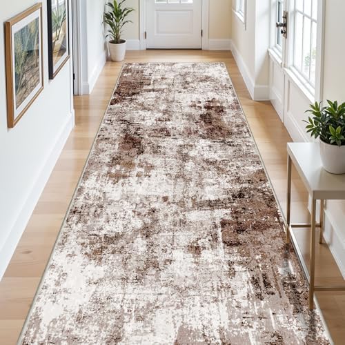 5x12 Runner Rug for Wide Hallway: Long Washable Runners for Entryway Living Room Dining Room - Stain and Water Resistant Rugs with Non-Slip Backing - Soft Low-Pile Carpet Brown Khaki White - Image 2