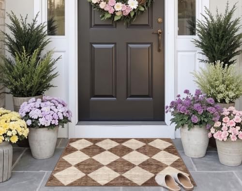 3x3 Square Entryway Rug - Non-Slip Washable Front Door Mat Indoor Outside Entrance Small Porch Rug Rustic Brown Beige Checkered Throw Rugs for Entryway Kitchen Bedroom Office Front Porch Decor - Image 7