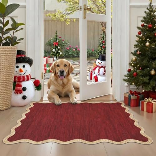 GarveeHome Christmas Rugs 2x3 Scalloped Door Mat Washable Small Bathroom Rug Non Slip Kitchen Rug No-Shedding Floor Mat, Easy to Care, Foldable Indoor Decorative Rugs for Entrance Kitchen, Red - Image 2