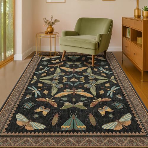 Insect Print Washable 4x6 Entryway Rug - Non-Slip Low Pile Area Rug for Large Kitchen, Bedroom, Office - Ultra Soft Aesthetic Decor, Black & Brown by HazoHaus