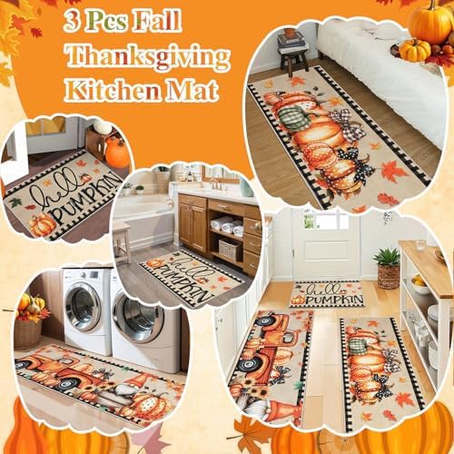 Homcomoda Fall Kitchen Mats for Floor 3PC, Thanksgiving Pumpkin Non Slip Kitchen Rugs, Washable Non Skid Kitchen Rugs, Comfort Standing Mat for Laundry, Desk, Bar, Office - Image 7