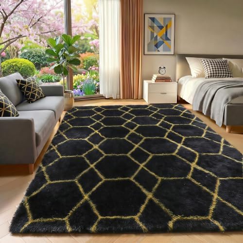 Area Rugs for Bedroom Living Room, 4x6 Fluffy Black and Gold Geometric Rug - Image 6