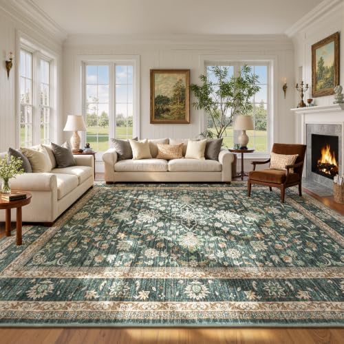 Lofus Washable Rugs for Living Room Bedroom 9 x 12, Vintage Floral Green by Lofus