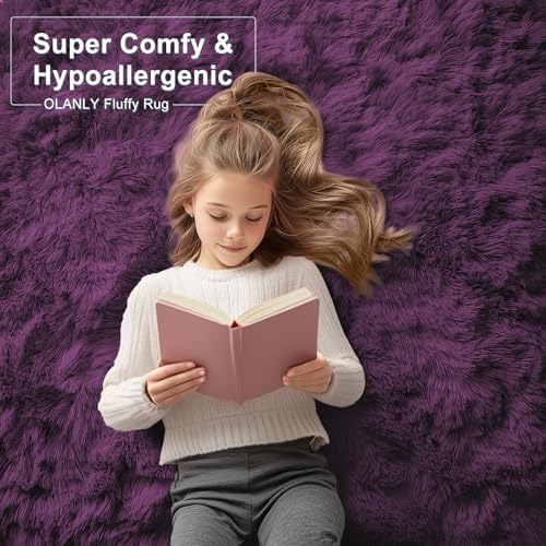OLANLY Area Rugs for Living Room Bedroom, Machine Washable 4x5.9 ft Soft Fluffy Shaggy Bedside Rug, Indoor Floor Carpet for Kids Girls and Boys, Dorms, Nursery Rooms, Home Decor Aesthetic, Dark Purple - Image 5