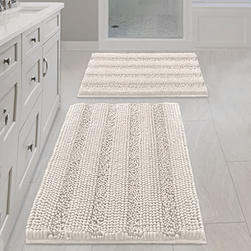 H.VERSAILTEX Ivory Bath Mat Bath Rugs, Extra Thick Striped Bath Rugs for Bathroom 2 Piece Bathroom Set, Anti-Slip Soft Plush Chenille Shaggy Mat Water Absorbent (Ivory, 20" x 32"/17" x 24") by HVERSAILTEX