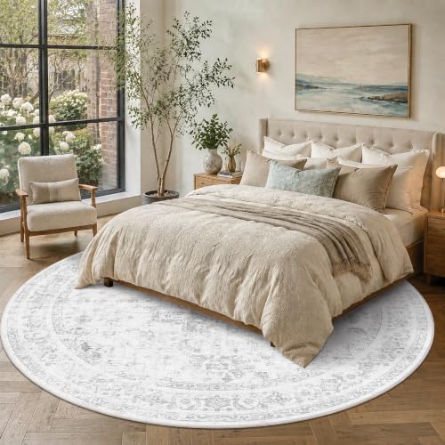 8ft Round Washable Living Room Rug Soft Medallion Gray Throw Carpet - Image 4