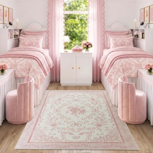 5x8 Pink Floral Rug for Girls Room, Cute College Dorm Rug, Coquette Girly Bow Room Decor Washable Boho Vintage Rugs for Nursery Bedroom - Image 5