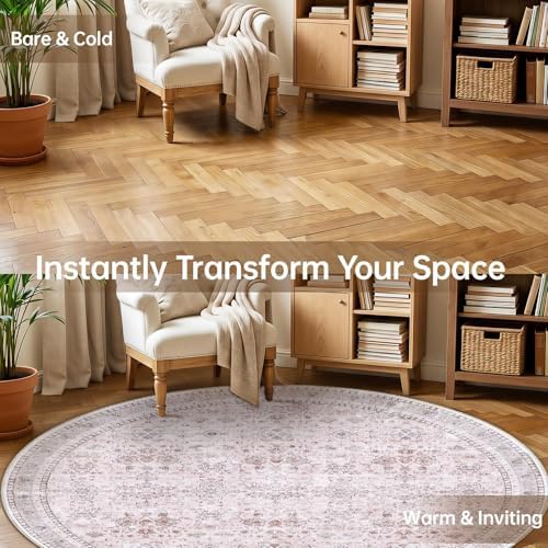 Sasttie Round Rug 8ft, Ultra-Soft Washable Rug for Living Room, Pink - Image 2