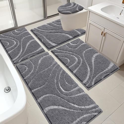 HEBE Bathroom Rugs Sets 5 Piece, Non Slip Washable Absorbent Bath Mat Set by HEBE