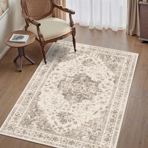 3x5 Washable Entryway Area Rug Non-Slip Medallion Taupe Throw Carpet by HOME