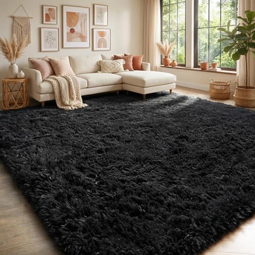 Shaggy Fluffy Bedroom Carpets 6x9 Ft, Black Modern Living Room Area Rugs by PAGISOFE