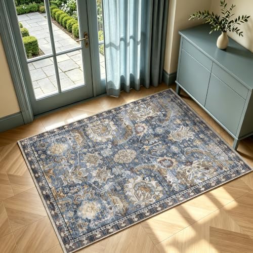 RUGSURE Washable Area Rugs - Perfect for Living Room, Bedroom, Kids Room, Nursery - Stain & Water Resistant Non-Slip, Pet & Child Friendly, Vintage Tribal Area Rugs (Navy, 3' x 5 ') by RUGSURE